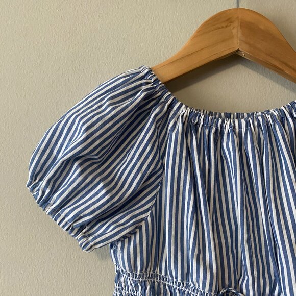 Handmade Children's Blue White Stripes Upcycled 100% Cotton Ruffle Dress - Picture 6 of 15